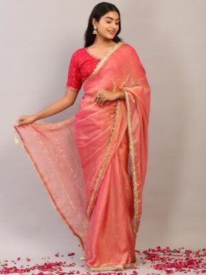 Raghusiya Peach Coral Zari Woven Silk Saree with Antique Gold Border