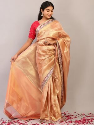 Peach Gold Tissue Silk Saree with Hand Embroidered Border