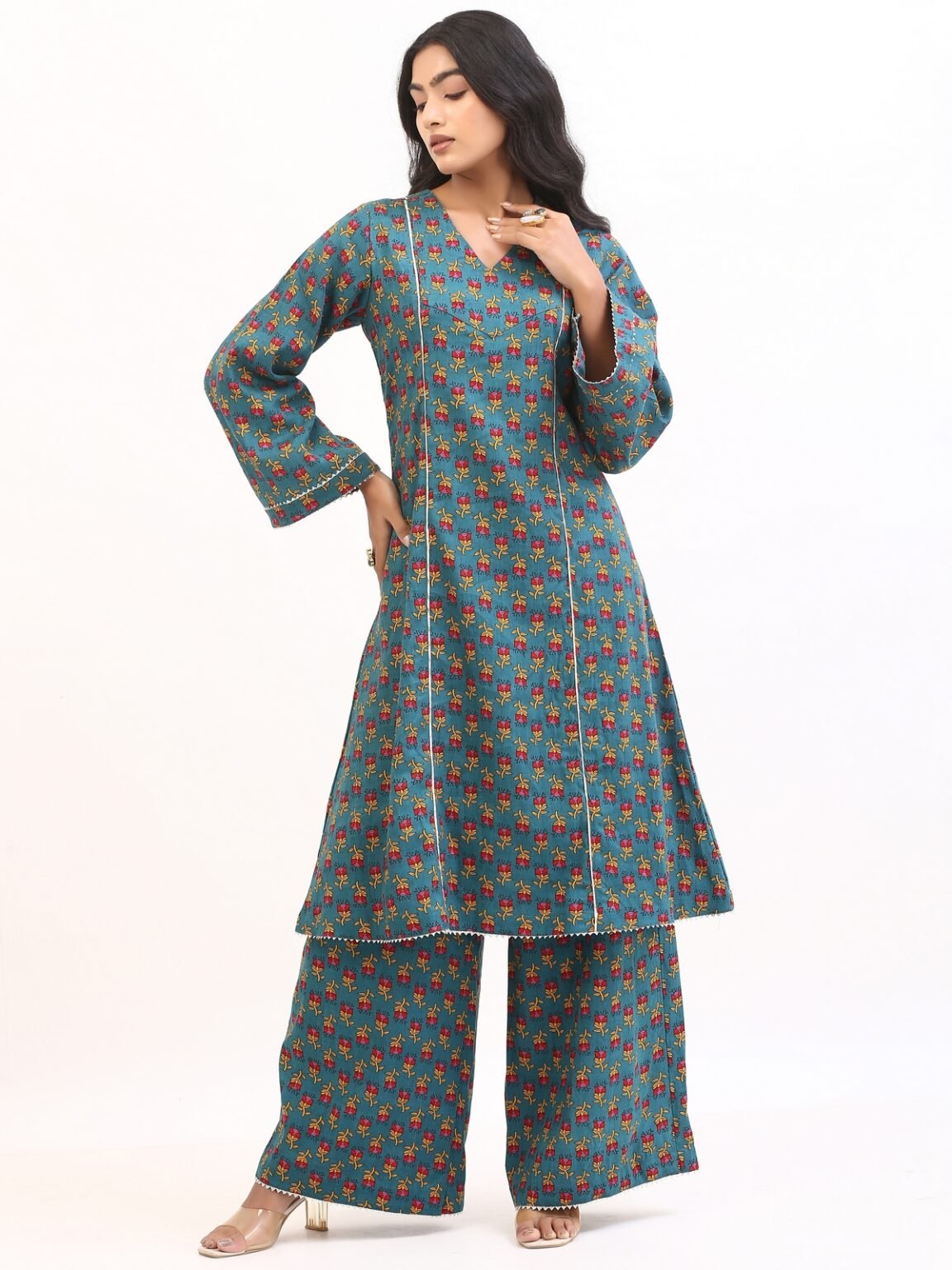 Teal Bloom Printed Cotton Kurta with Palazzo Set