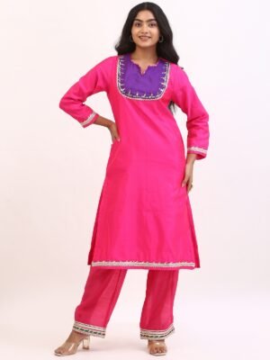 Rani Pink Embroidered Panel Kurta Set with Dupatta