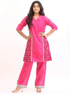 Rani Pink Embroidered Panel Kurta Set with Dupatta