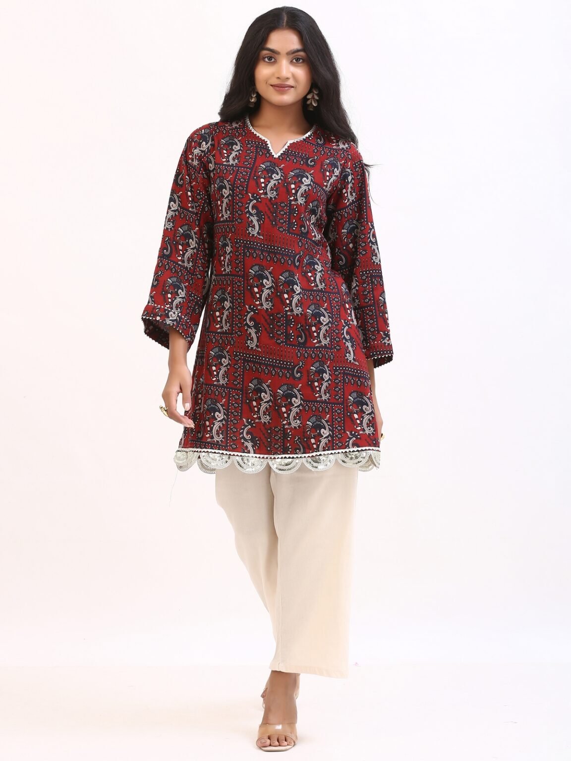 Rustic Maroon Paisley Printed Kurti with Cream Palazzo Set