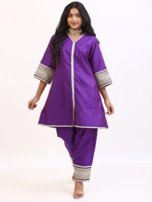 Royal Purple Festive Kurta Pant Set with Zari Lace Detailing