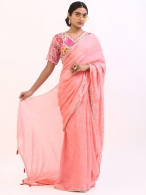 Peach Jacquard Saree with Multicolor Printed Designer Blouse